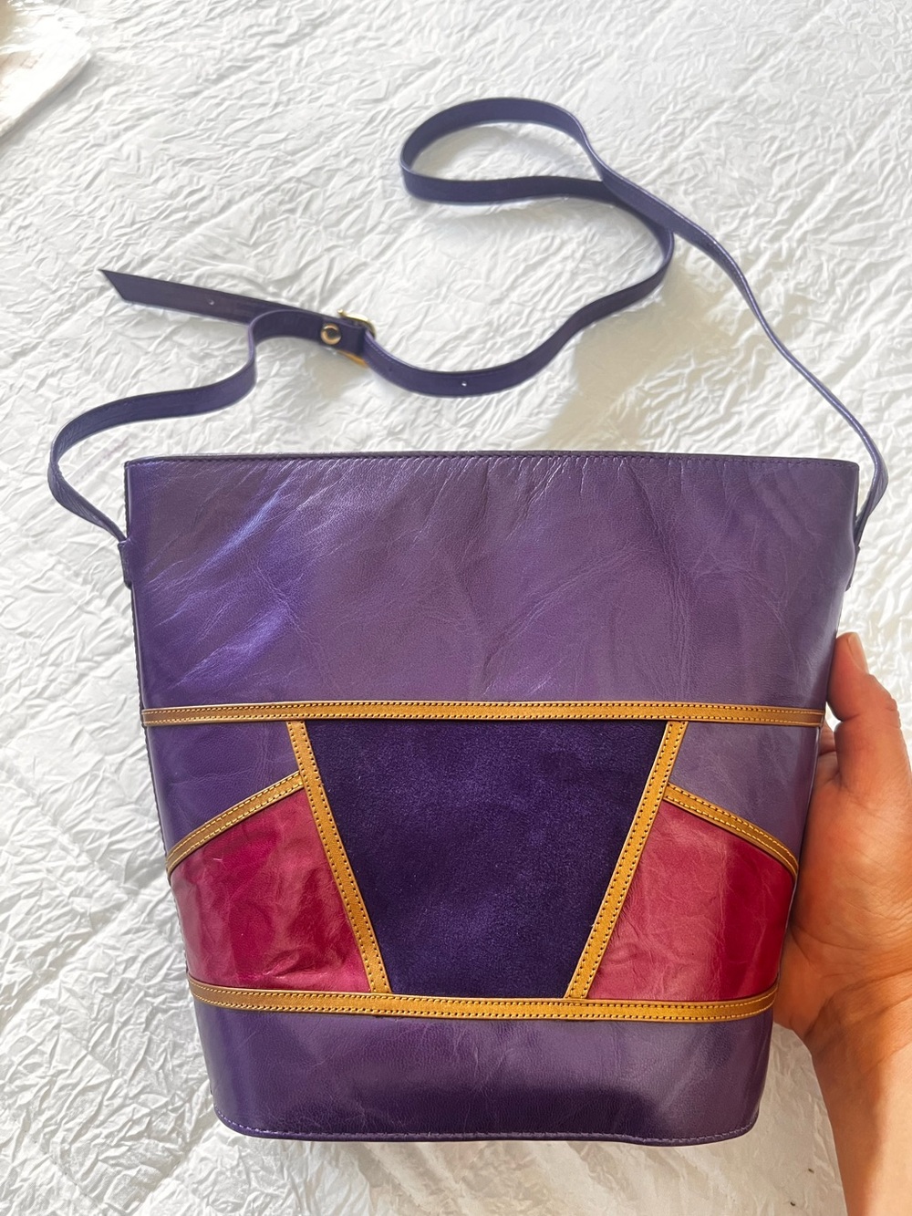 Vintage Margaret J. Purple Colorblock Leather Crossbody Bag. Made in Spain.